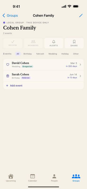 Group detail with review, members, alerts, and share actions