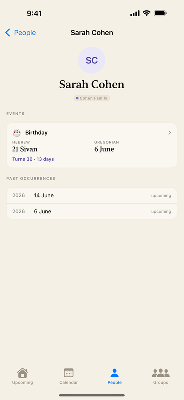 Person detail showing a person's events and past occurrences