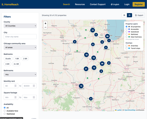 Map-based housing search with filters